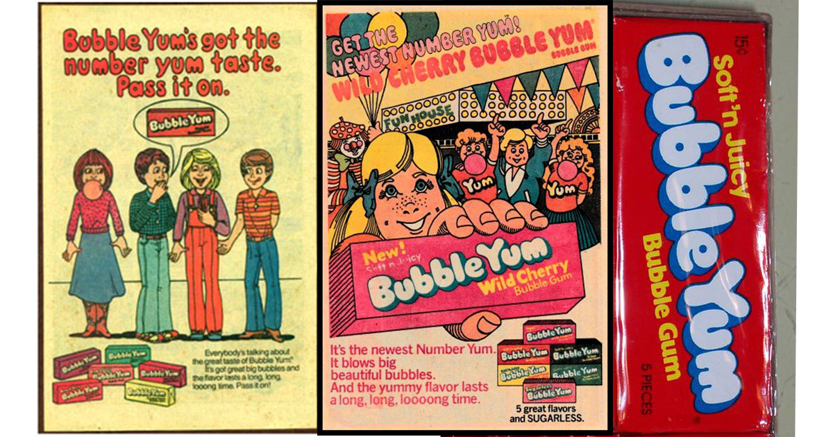 A collage of vintage Bubble Yum advertisements