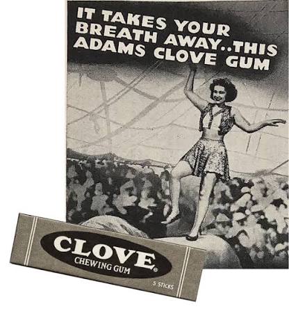 Vintage Adams Clove Gum advertisement with 'It Takes Your Breath Away' headline