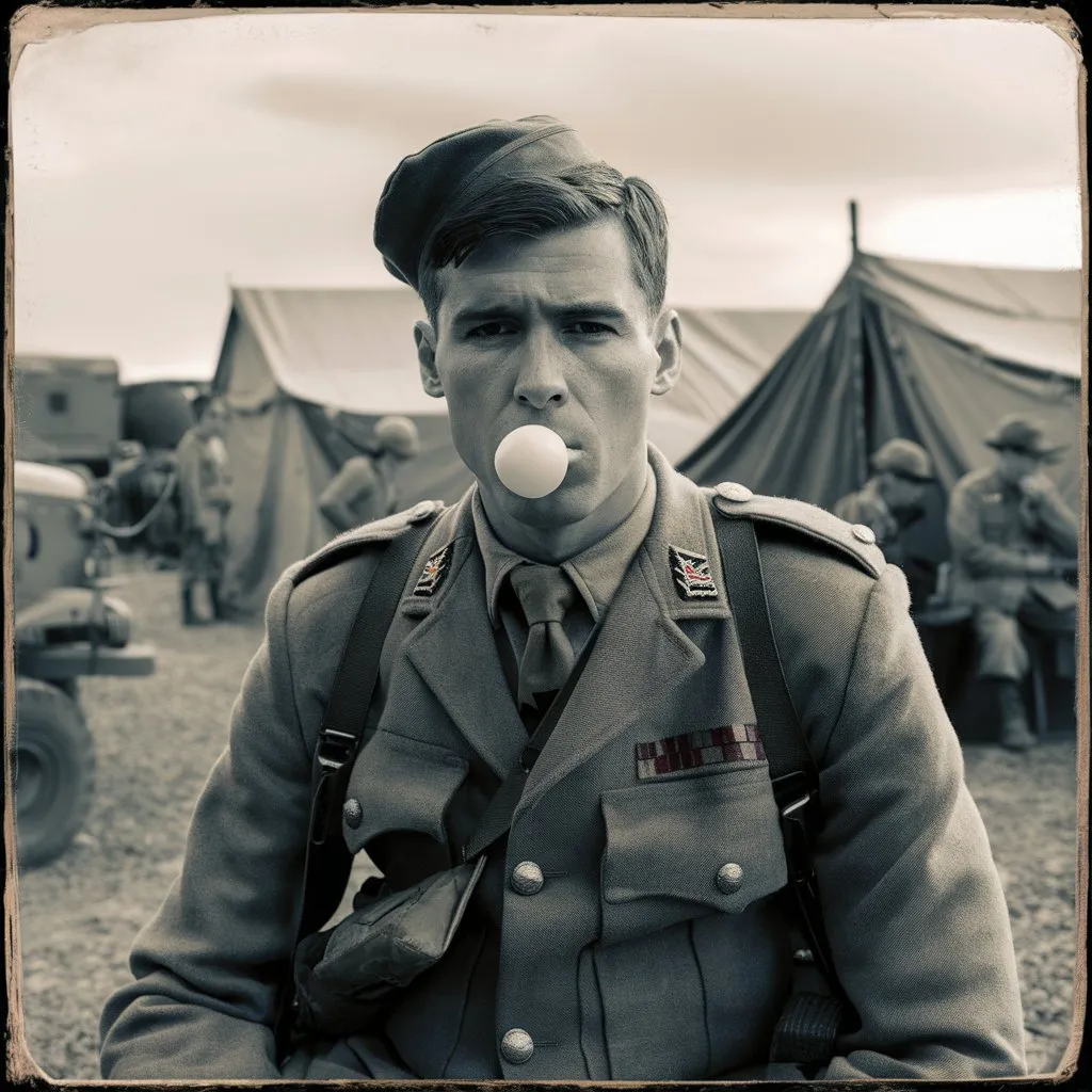 A WWII soldier in uniform blowing a bubble