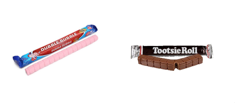 A Dubble Bubble bar next to a similar-looking Tootsie Roll bar